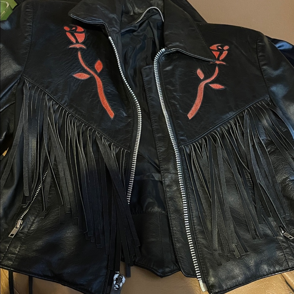 Fringed Black Bomber Jacket with Red Floral Design